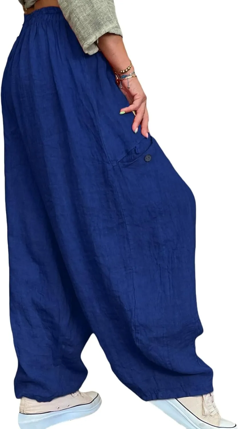 Women's Cotton Linen Pants Casual Loose Lantern Trousers Lounge Wide Leg Pants for Women Summer Light and Breathable