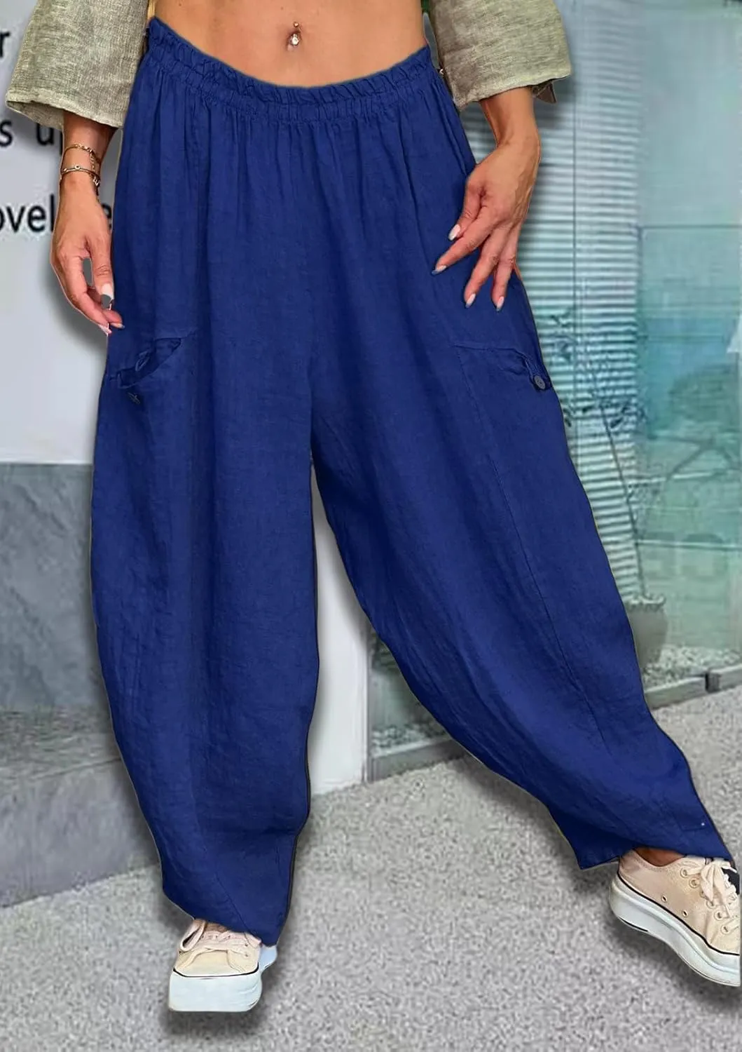 Women's Cotton Linen Pants Casual Loose Lantern Trousers Lounge Wide Leg Pants for Women Summer Light and Breathable