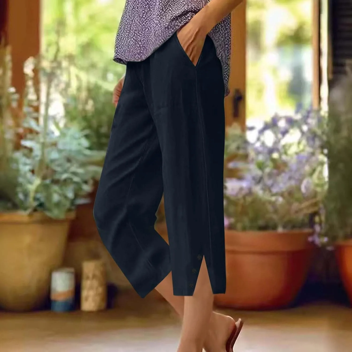 Womens Cotton Linen Pants Casual Straight Leg Pant Summer Trendy Elastic High Waist Wide Leg Trousers with Slit Hem