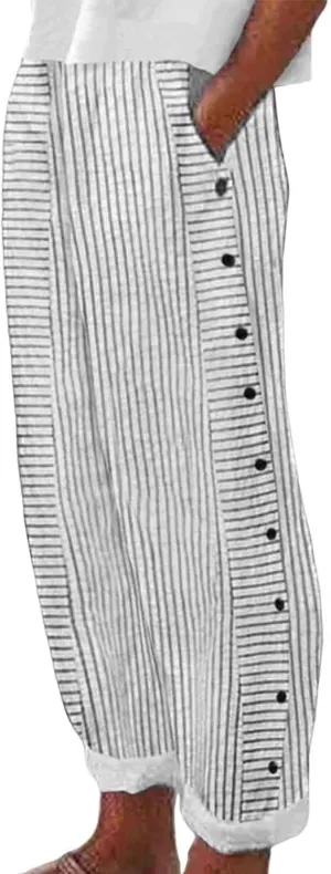 Womens Cotton Linen Pants Casual Summer Striped Side Button Elastic Waist Pants Wide Leg Loose Trousers with Pockets