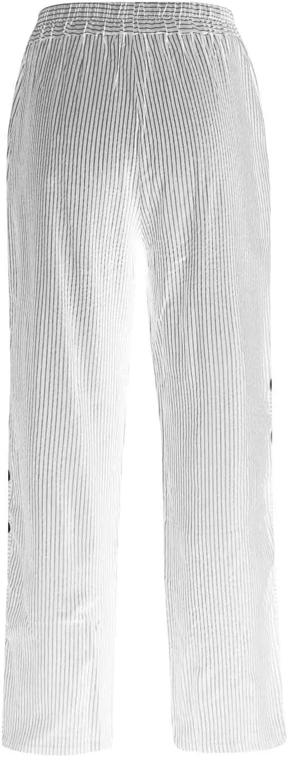 Womens Cotton Linen Pants Casual Summer Striped Side Button Elastic Waist Pants Wide Leg Loose Trousers with Pockets