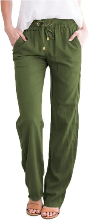 Women's Cotton Linen Pants High Waisted Drawstring Wide Leg Pants with Pockets Summer Casual Loose Trousers for Women