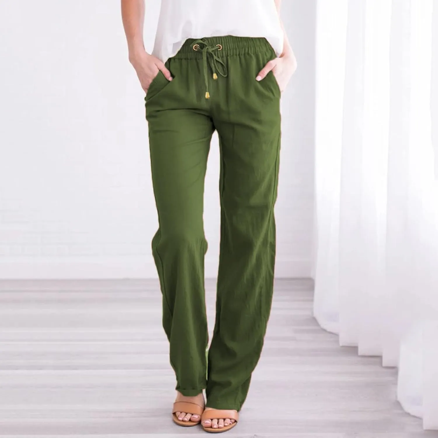 Women's Cotton Linen Pants High Waisted Drawstring Wide Leg Pants with Pockets Summer Casual Loose Trousers for Women