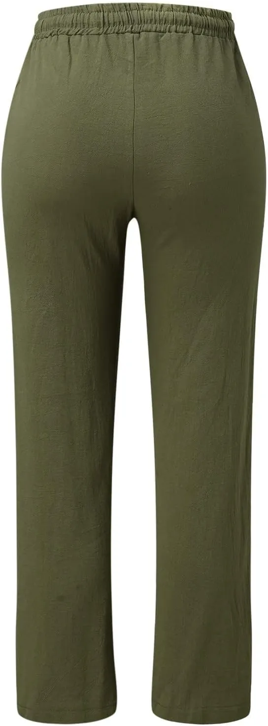 Women's Cotton Linen Pants High Waisted Drawstring Wide Leg Pants with Pockets Summer Casual Loose Trousers for Women