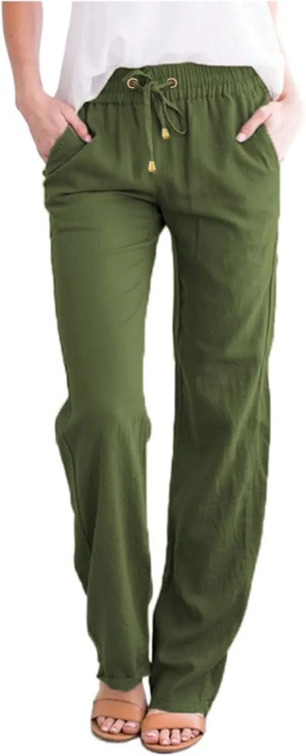 Women's Cotton Linen Pants High Waisted Drawstring Wide Leg Pants with Pockets Summer Casual Loose Trousers for Women