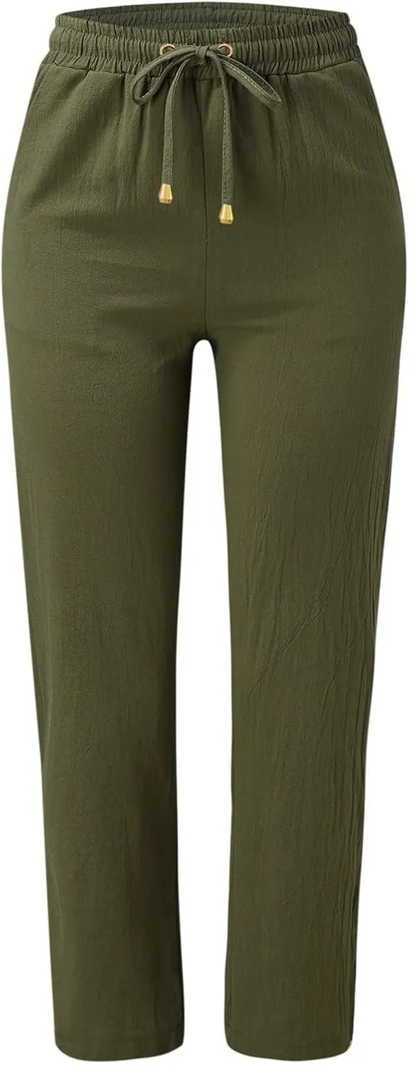 Women's Cotton Linen Pants High Waisted Drawstring Wide Leg Pants with Pockets Summer Casual Loose Trousers for Women