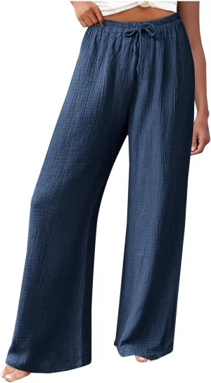 Womens Cotton Linen Pants High Waisted Drawstring Wide Leg Trousers with Pockets Summer Casual Loose Pants for Women