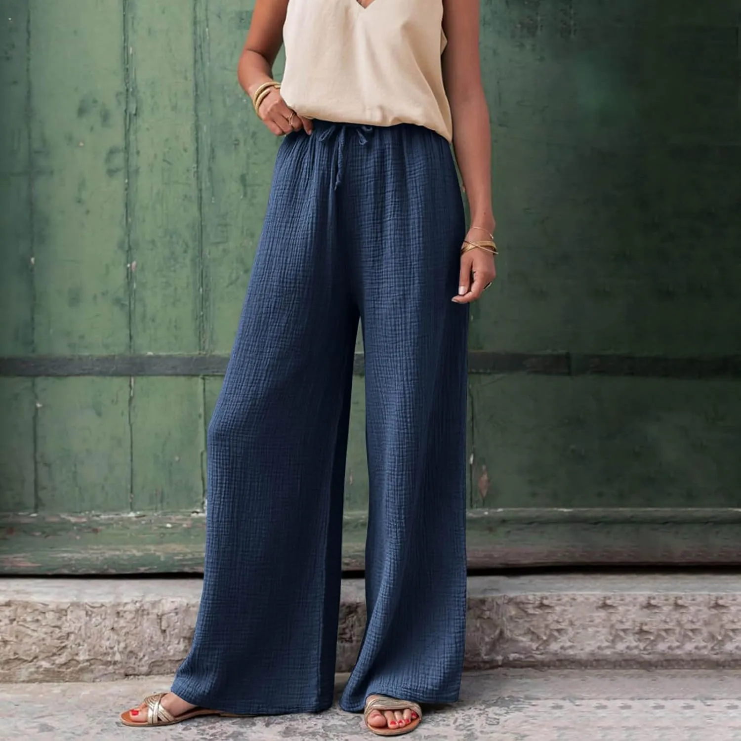 Womens Cotton Linen Pants High Waisted Drawstring Wide Leg Trousers with Pockets Summer Casual Loose Pants for Women