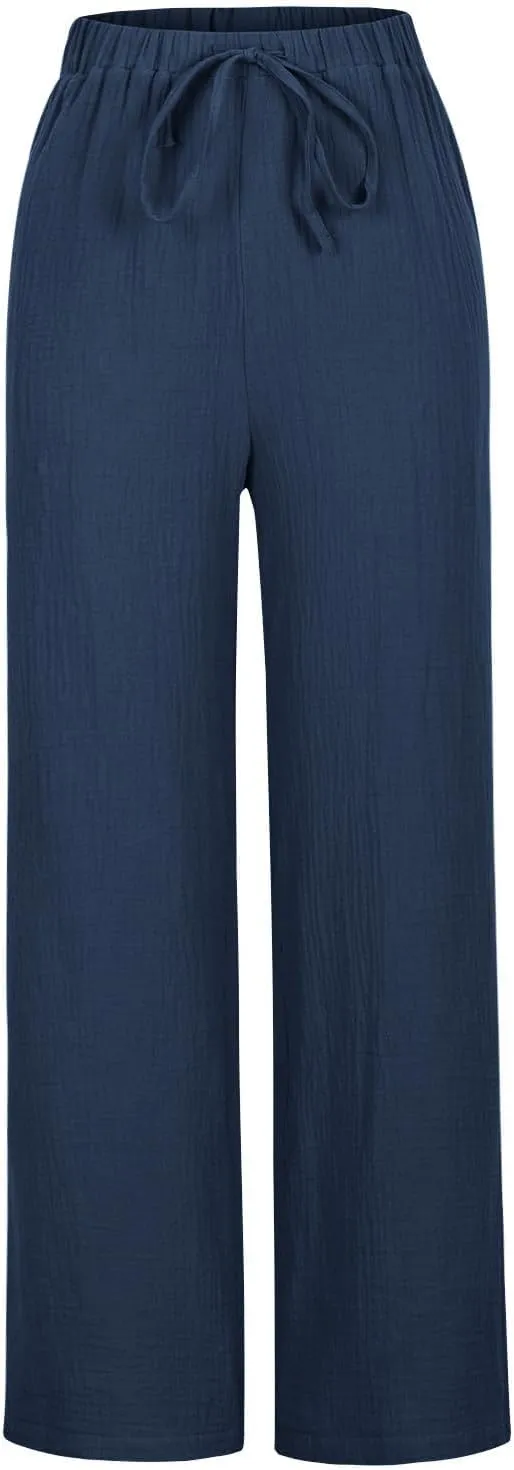 Womens Cotton Linen Pants High Waisted Drawstring Wide Leg Trousers with Pockets Summer Casual Loose Pants for Women