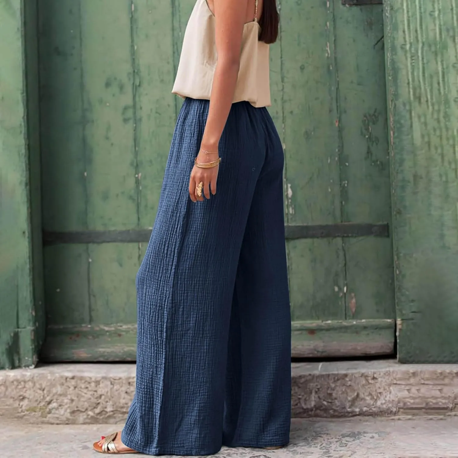 Womens Cotton Linen Pants High Waisted Drawstring Wide Leg Trousers with Pockets Summer Casual Loose Pants for Women