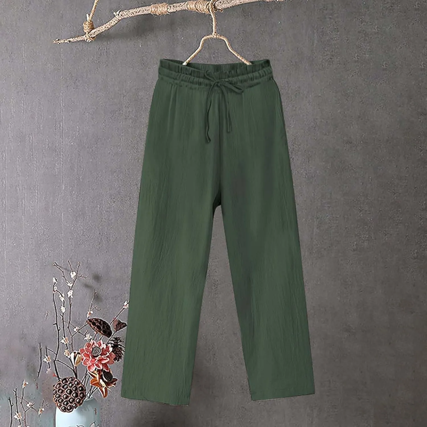 Womens Cotton Linen Pants Pants Fashion Drawstring Elastic Trousers Comfy Sports Athletic Lounge Pants with Pockets
