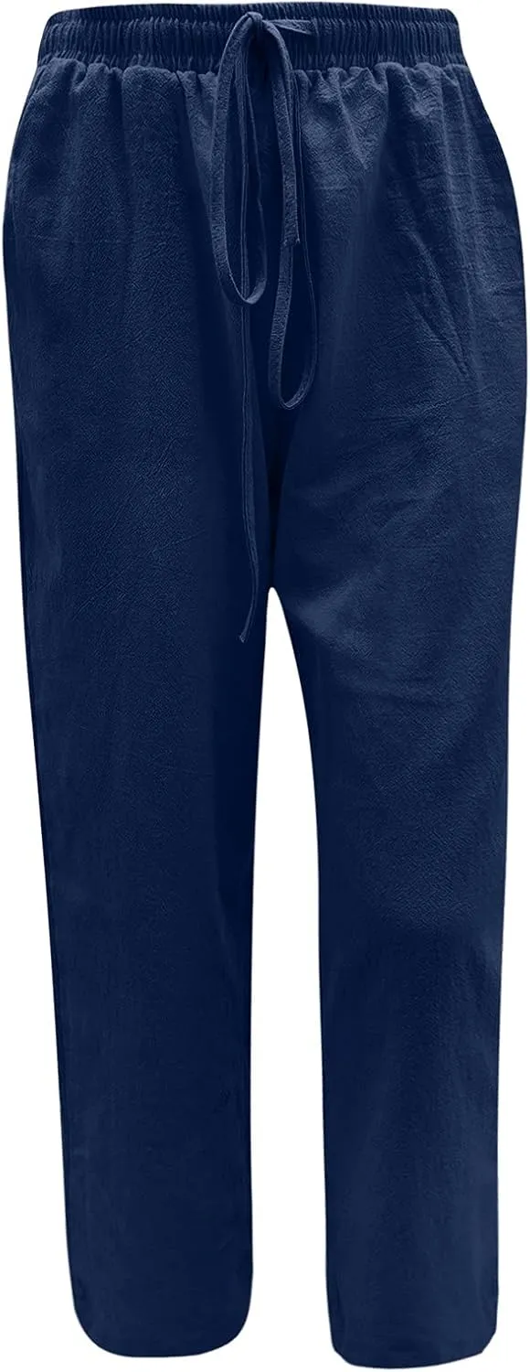 Women's Cotton Linen Pants Summer Casual Wide Leg Pant Loose Drawstring High Waist Palazzo Trousers with Pockets