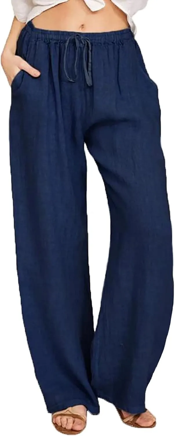 Women's Cotton Linen Pants Summer Casual Wide Leg Pant Loose Drawstring High Waist Palazzo Trousers with Pockets