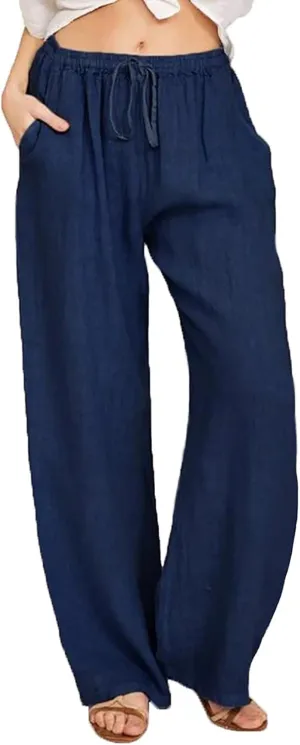 Women's Cotton Linen Pants Summer Casual Wide Leg Pant Loose Drawstring High Waist Palazzo Trousers with Pockets
