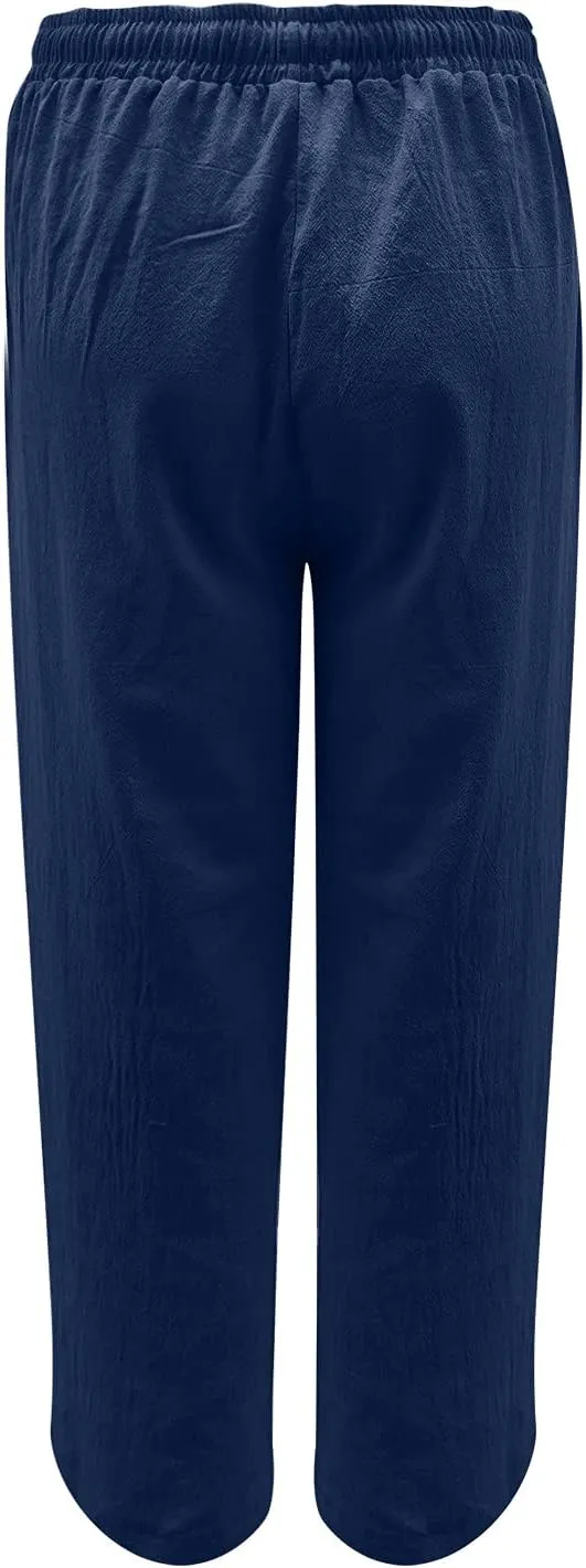 Women's Cotton Linen Pants Summer Casual Wide Leg Pant Loose Drawstring High Waist Palazzo Trousers with Pockets