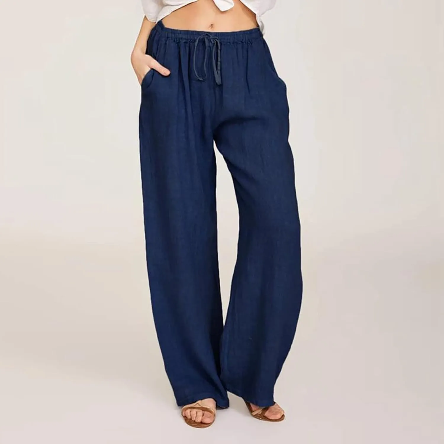 Women's Cotton Linen Pants Summer Casual Wide Leg Pant Loose Drawstring High Waist Palazzo Trousers with Pockets