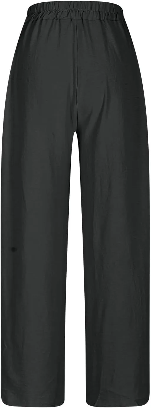 Women's Cotton Linen Rolled Hem Cropped Pants, Solid Color Drawstring Loose Casual Straight Leg Trousers with Pockets