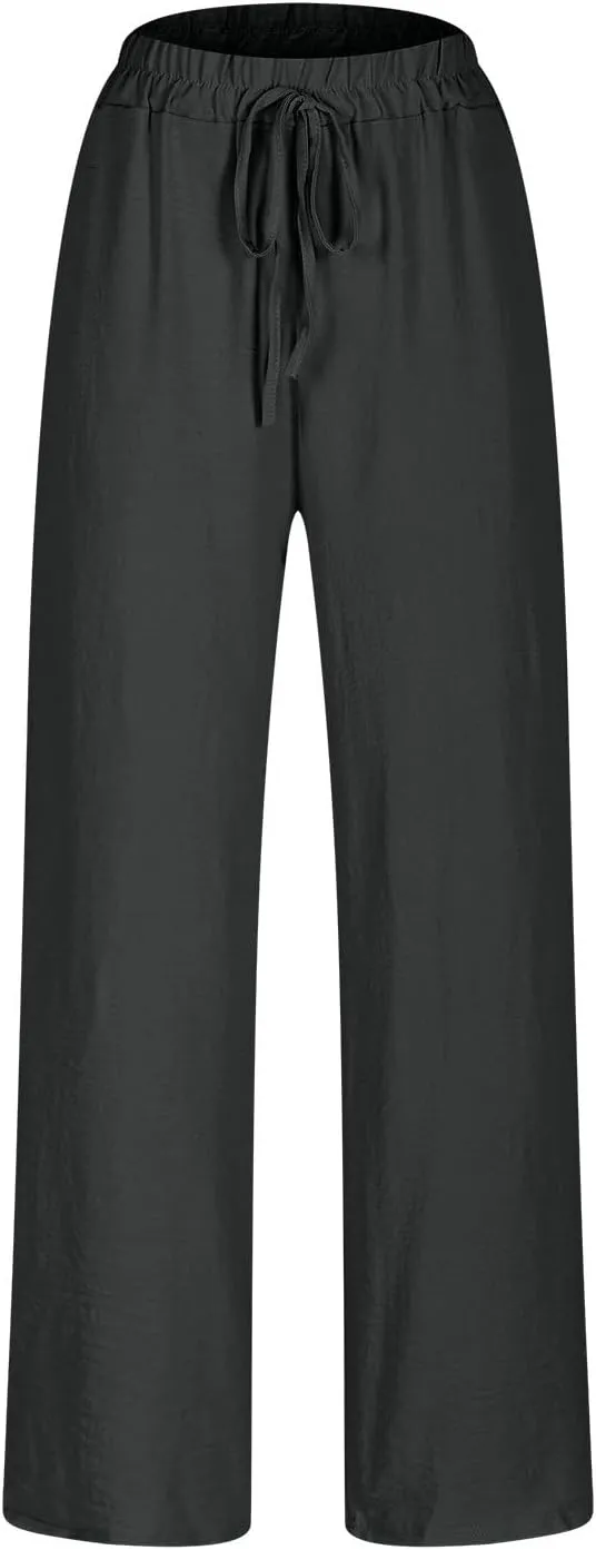 Women's Cotton Linen Rolled Hem Cropped Pants, Solid Color Drawstring Loose Casual Straight Leg Trousers with Pockets