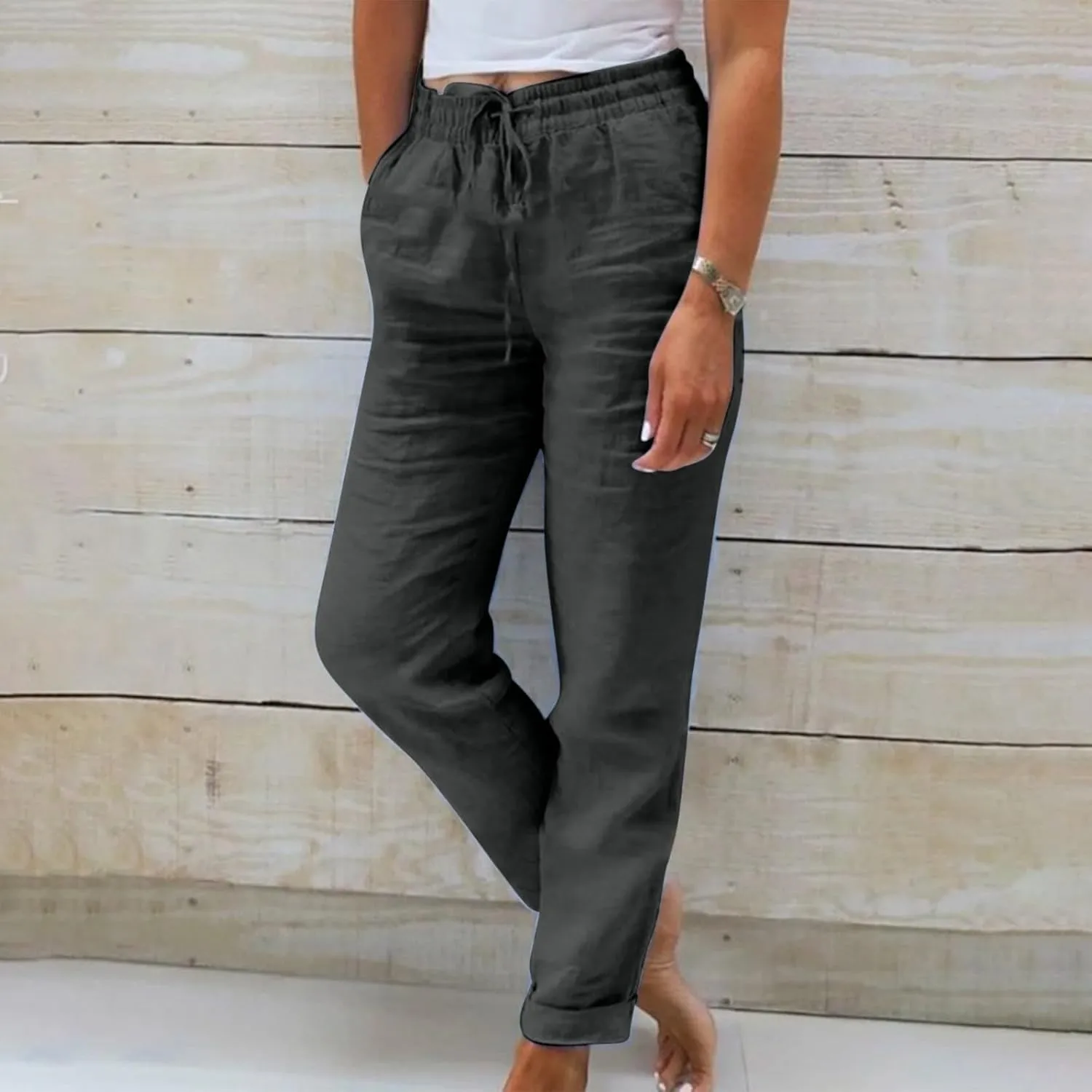 Women's Cotton Linen Rolled Hem Cropped Pants, Solid Color Drawstring Loose Casual Straight Leg Trousers with Pockets