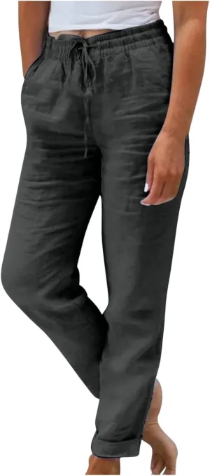 Women's Cotton Linen Rolled Hem Cropped Pants, Solid Color Drawstring Loose Casual Straight Leg Trousers with Pockets