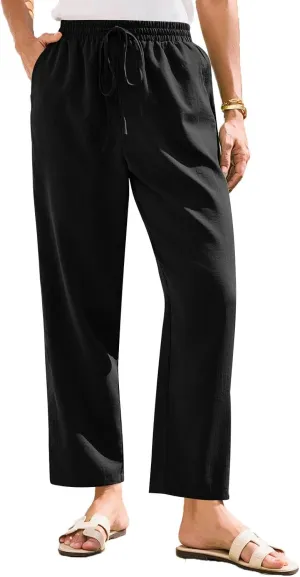 Women's Cotton Linen Straight Leg Pants Elastic Drawstring Trousers with Pockets Summer Beach Lounge Pants