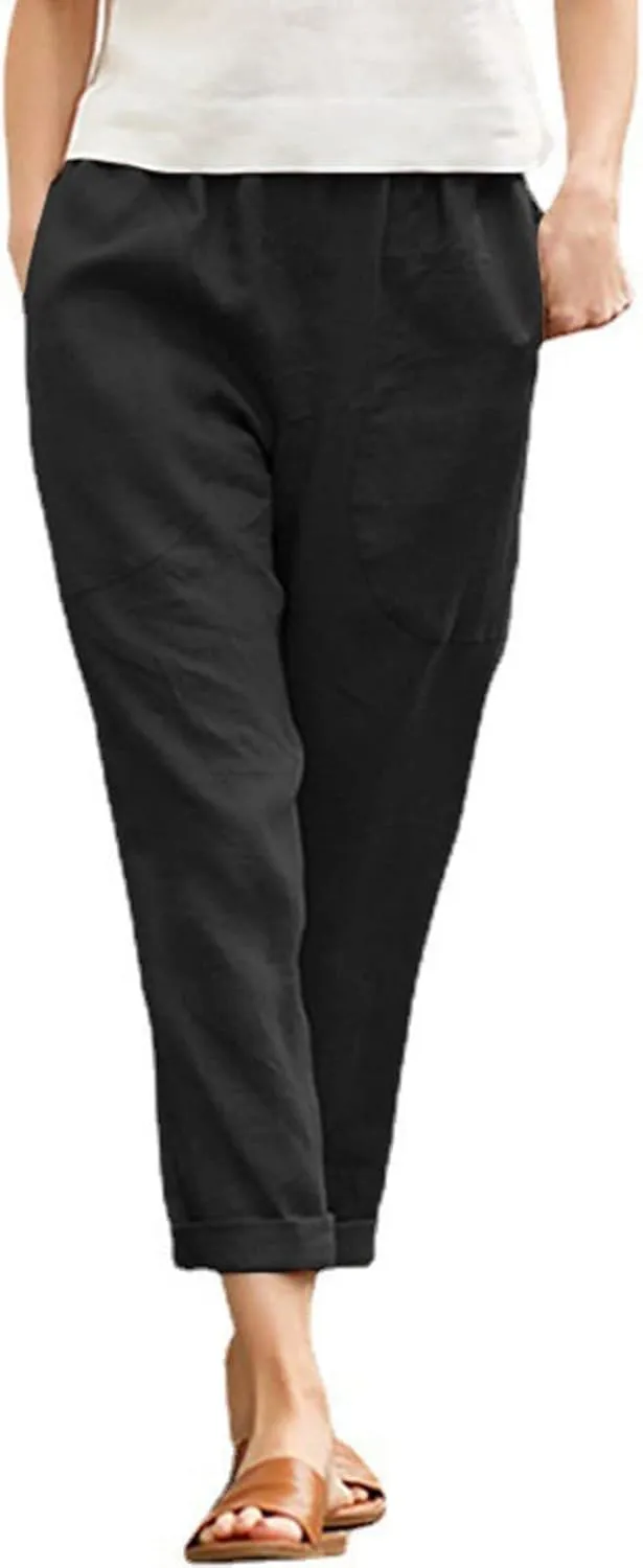 Women's Cotton Linen Summer Drawstring Pants Low Waist Bootcut Slim-Fit Pants Travel