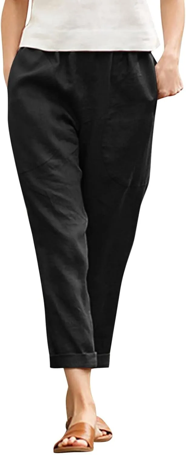 Women's Cotton Linen Summer Drawstring Pants Low Waist Bootcut Slim-Fit Pants Travel