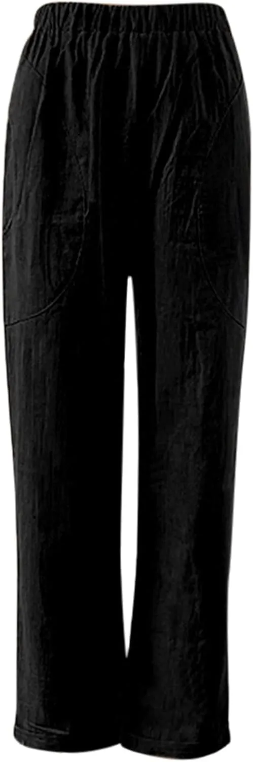 Women's Cotton Linen Summer Drawstring Pants Low Waist Bootcut Slim-Fit Pants Travel