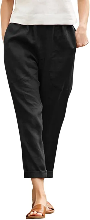 Women's Cotton Linen Summer Drawstring Pants Low Waist Bootcut Slim-Fit Pants Travel