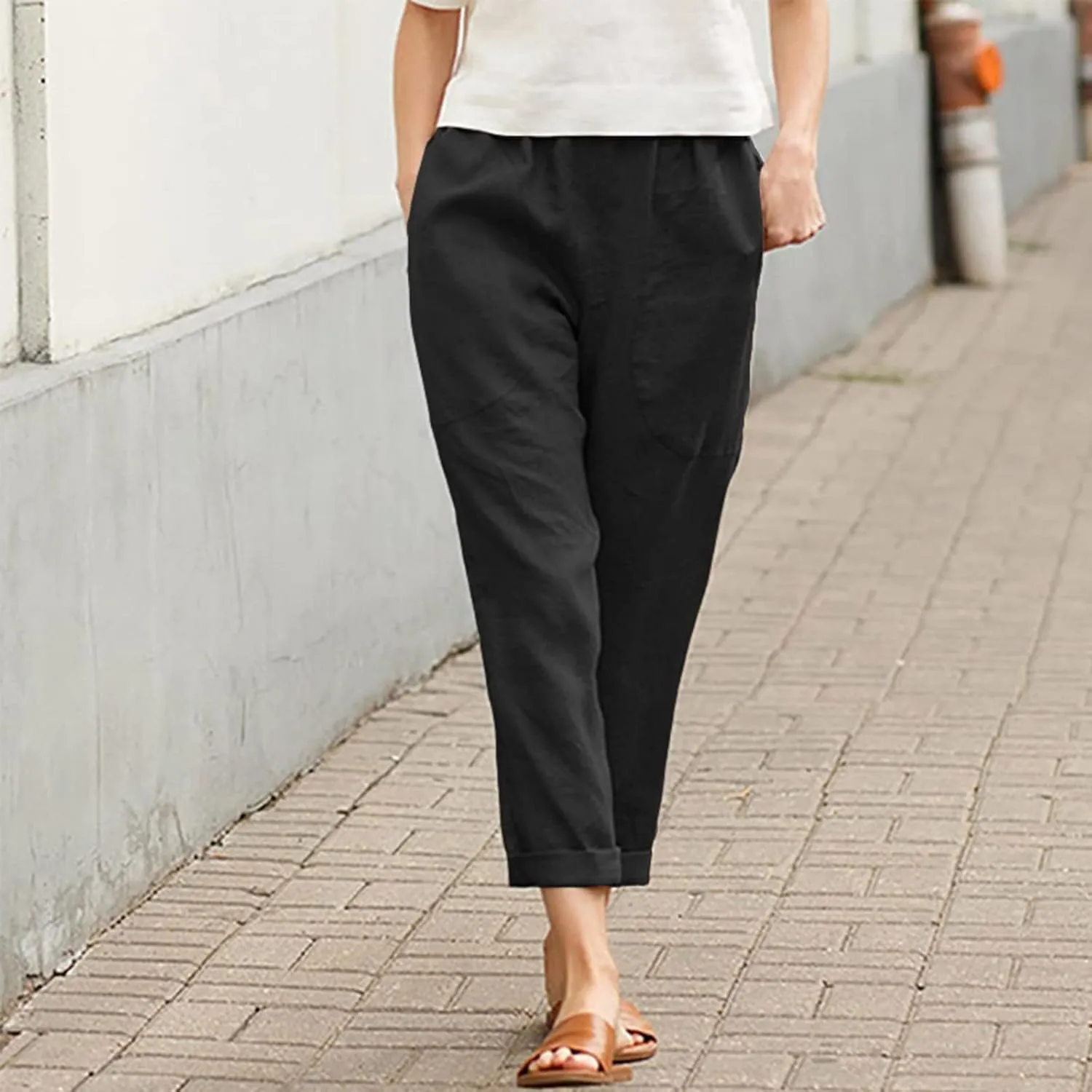 Women's Cotton Linen Summer Drawstring Pants Low Waist Bootcut Slim-Fit Pants Travel