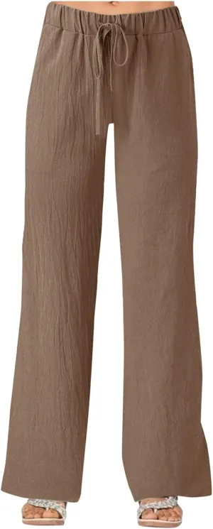 Women's Cotton Linen Summer Palazzo Pants Flowy Wide Leg Beach Trousers with Pockets Jean Shorts Womens Long Baggy Pajama Shorts Women Linen Blend Comfy Pants Women Split tie Side Frayed