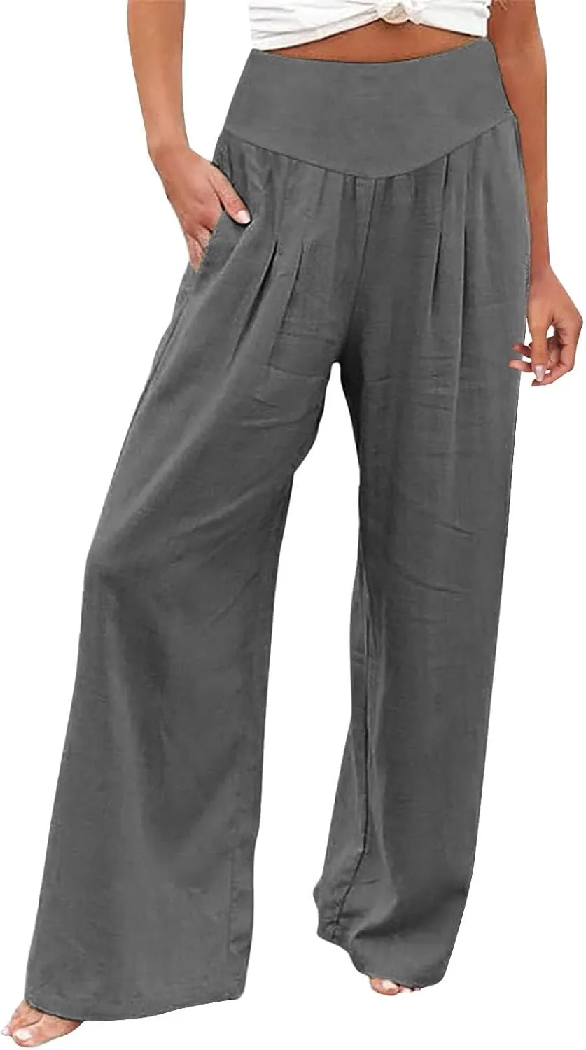 Women's Cotton Linen Summer Y2K Streetwear Palazzo Lounge Pants Low Waist Bootcut Slim Fit Palazzo Lounge
