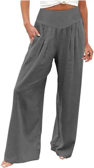 Women's Cotton Linen Summer Y2K Streetwear Palazzo Lounge Pants Low Waist Bootcut Slim Fit Palazzo Lounge