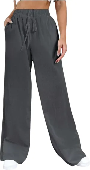 Womens Cotton Linen Trousers High Waisted Drawstring Wide Leg Pants with Pockets Casual Loose Sweatpants for Women