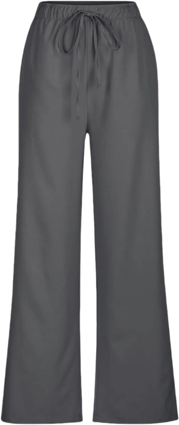 Womens Cotton Linen Trousers High Waisted Drawstring Wide Leg Pants with Pockets Casual Loose Sweatpants for Women