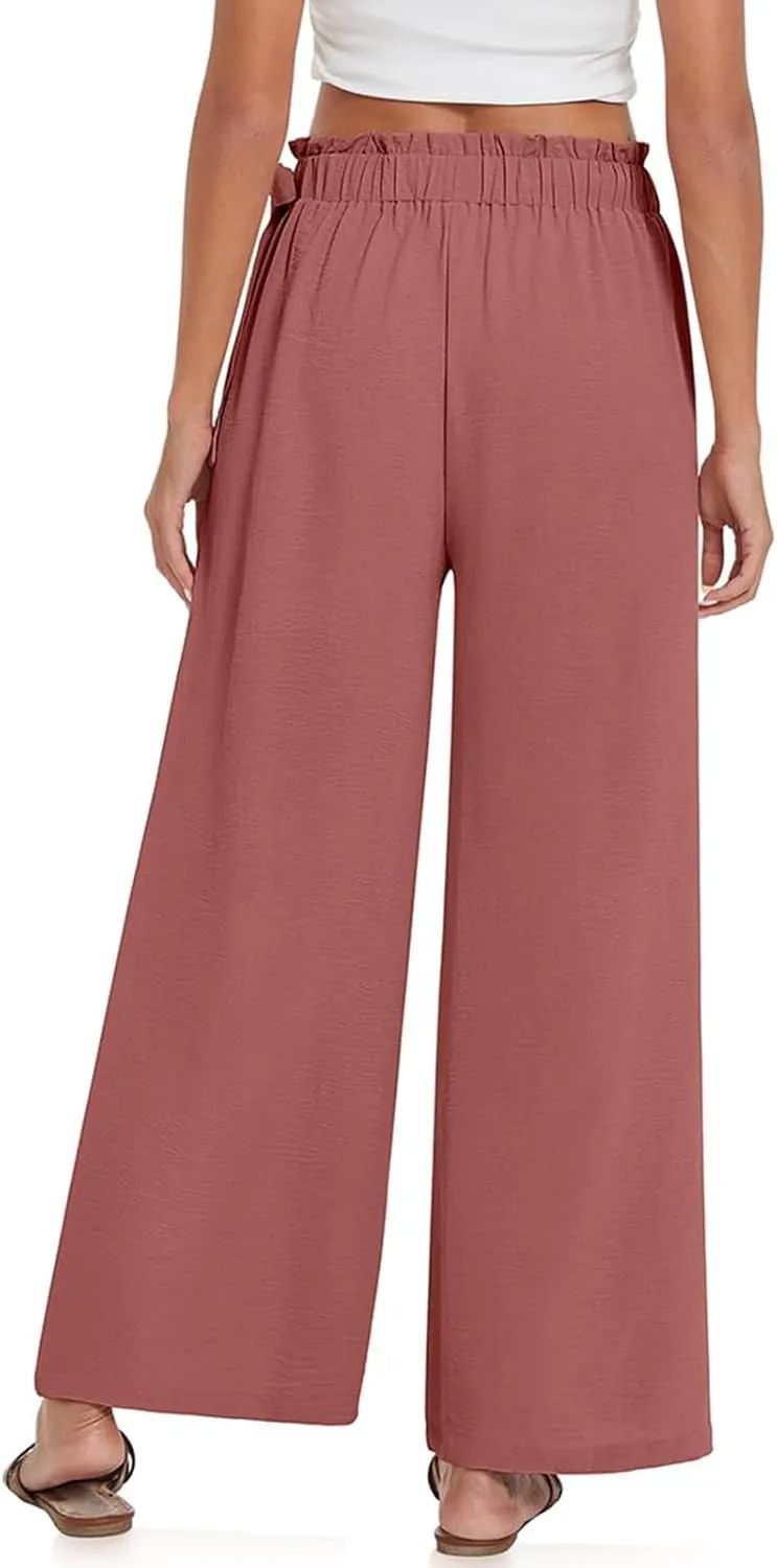 Womens Cotton Linen Wide Leg Pants High Waisted Tie Knot Trousers Business Casual Pants Summer Loose Palazzo Trousers