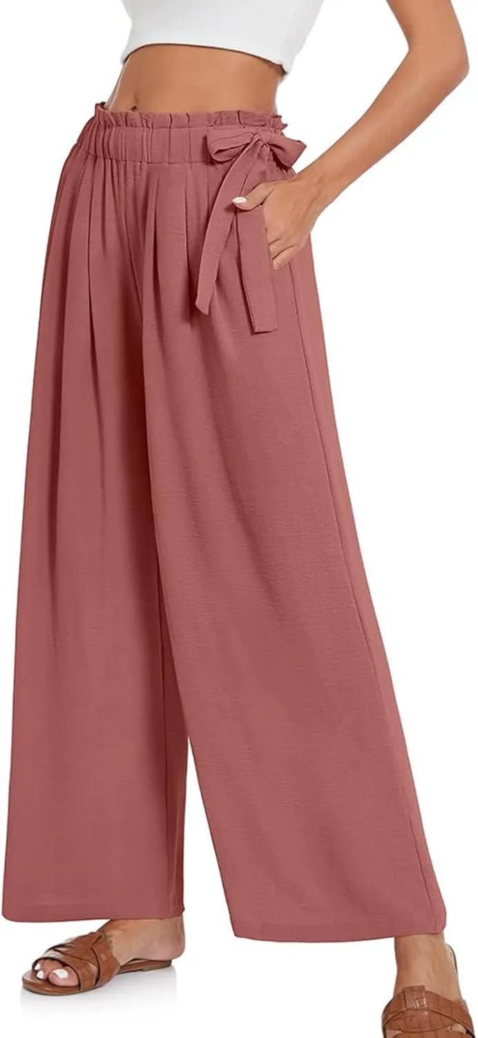Womens Cotton Linen Wide Leg Pants High Waisted Tie Knot Trousers Business Casual Pants Summer Loose Palazzo Trousers