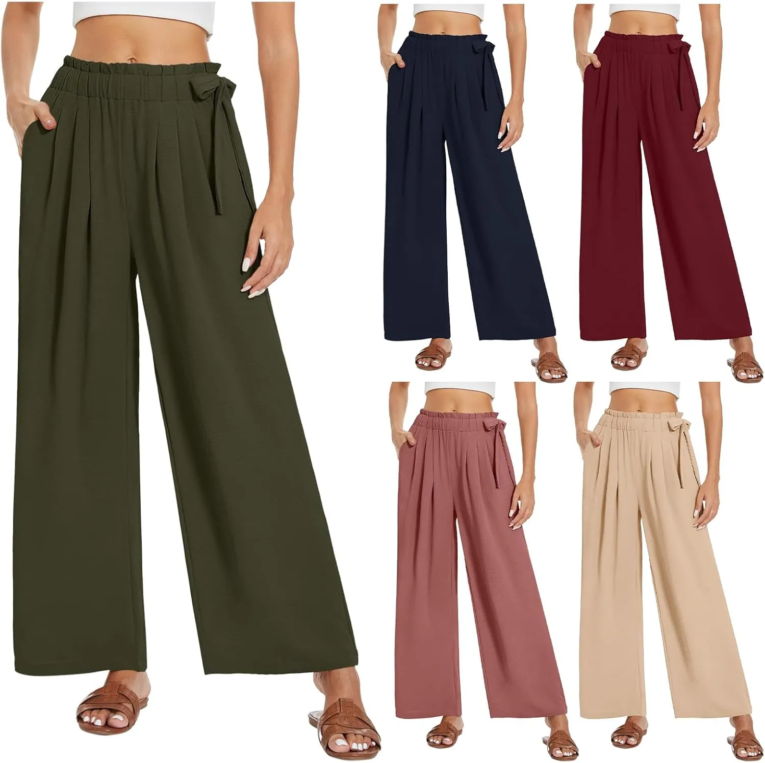 Womens Cotton Linen Wide Leg Pants High Waisted Tie Knot Trousers Business Casual Pants Summer Loose Palazzo Trousers