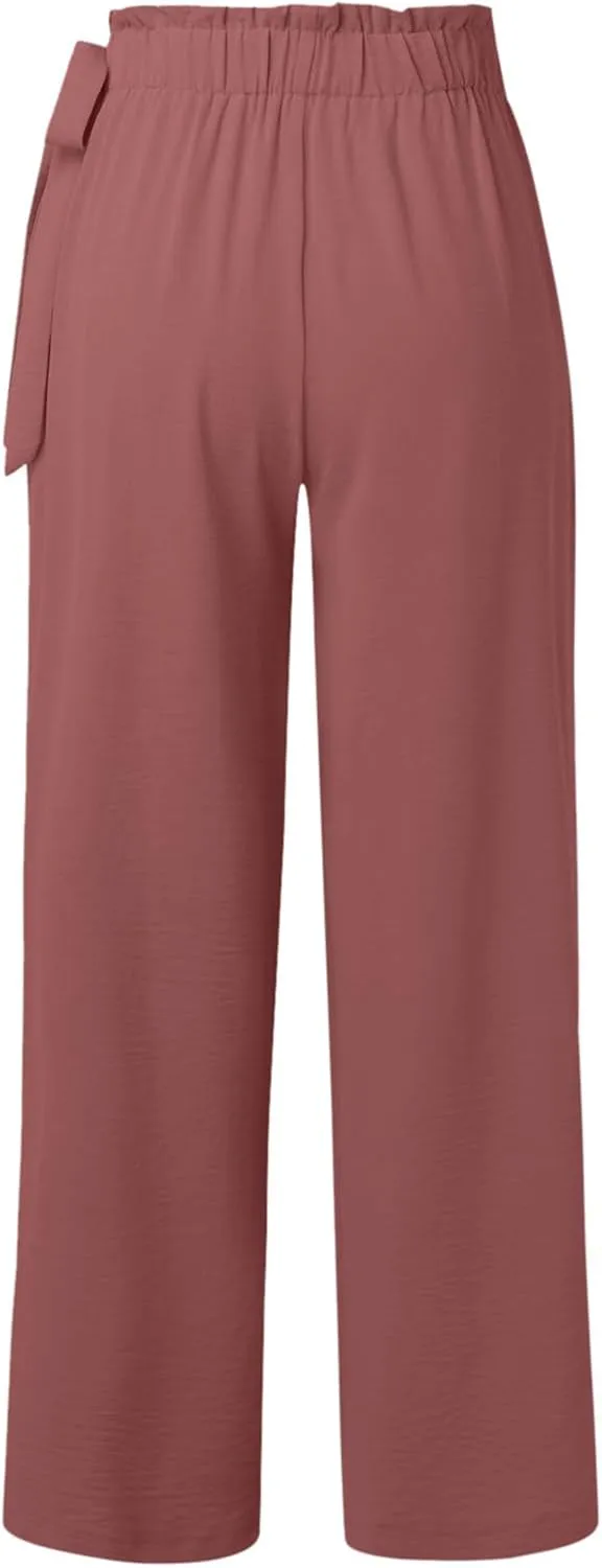 Womens Cotton Linen Wide Leg Pants High Waisted Tie Knot Trousers Business Casual Pants Summer Loose Palazzo Trousers