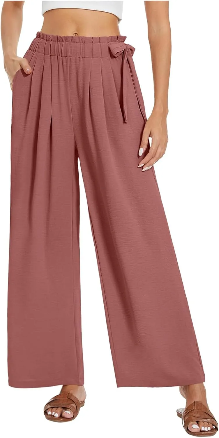 Womens Cotton Linen Wide Leg Pants High Waisted Tie Knot Trousers Business Casual Pants Summer Loose Palazzo Trousers