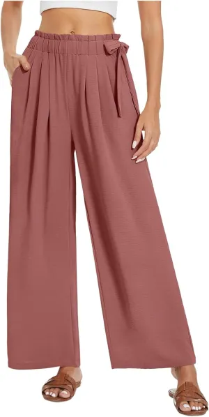 Womens Cotton Linen Wide Leg Pants High Waisted Tie Knot Trousers Business Casual Pants Summer Loose Palazzo Trousers
