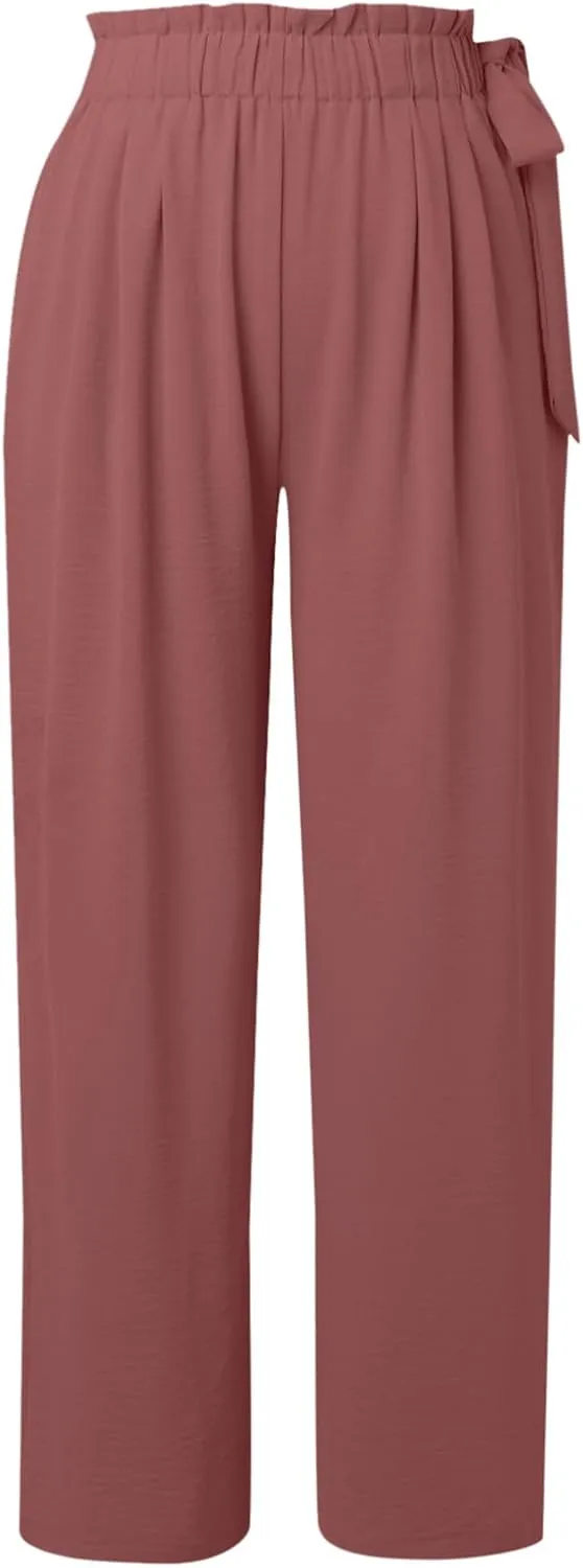 Womens Cotton Linen Wide Leg Pants High Waisted Tie Knot Trousers Business Casual Pants Summer Loose Palazzo Trousers