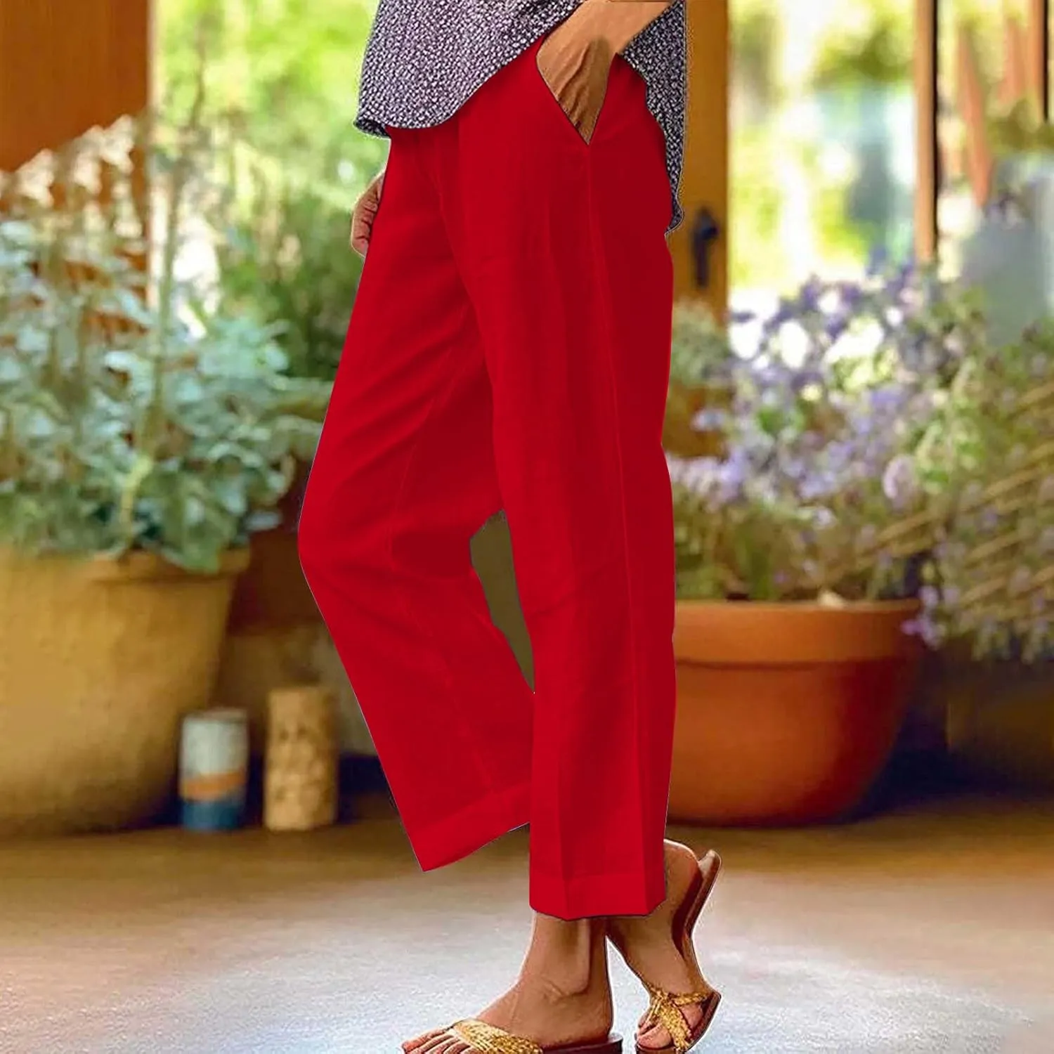 Womens Cropped Linen Pants Summer Elastic Waist Straight Leg Plus Size Crop Pants Casual Beach Trousers with Pockets
