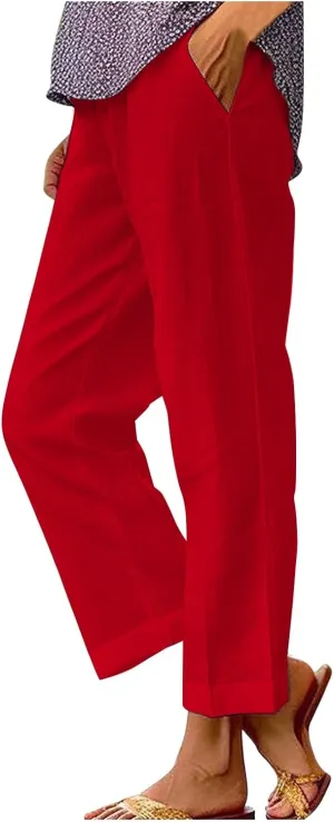 Womens Cropped Linen Pants Summer Elastic Waist Straight Leg Plus Size Crop Pants Casual Beach Trousers with Pockets