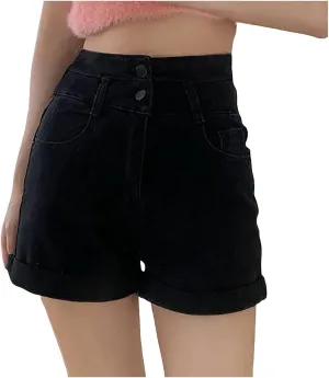 Women's Denim Shorts High Waisted Casual Stretchy Trendy Summer Y2k Baggy Girls Wide Leg Folded Hem Slim Jean Shorts