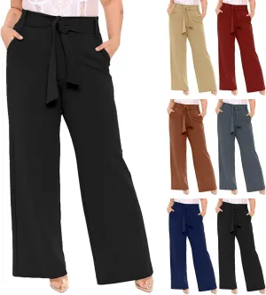 Womens Dress Suit Pants Casual Loose Bow Knot Belted Wide Leg High Waist Elegant Trousers Office Business Work Pants