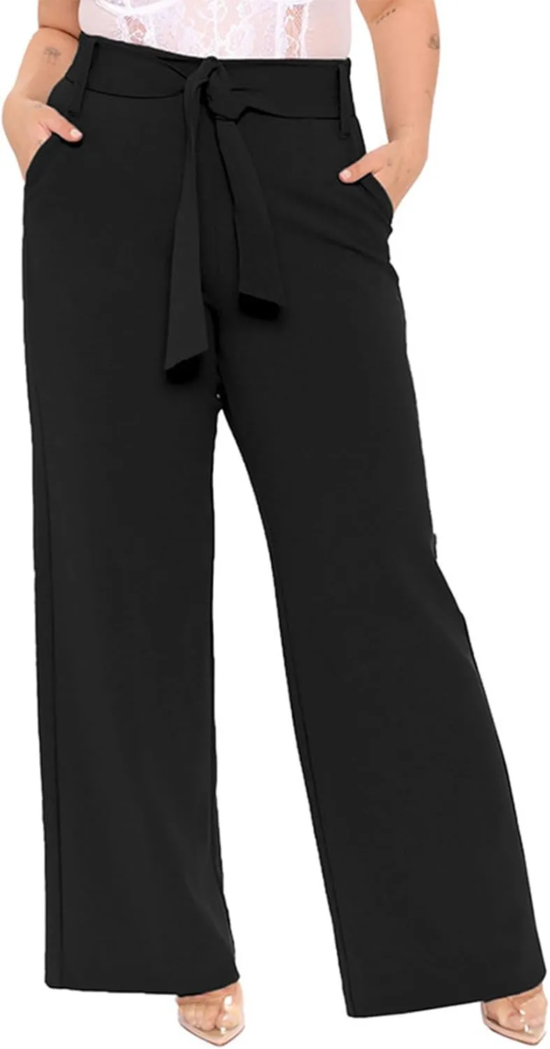 Womens Dress Suit Pants Casual Loose Bow Knot Belted Wide Leg High Waist Elegant Trousers Office Business Work Pants