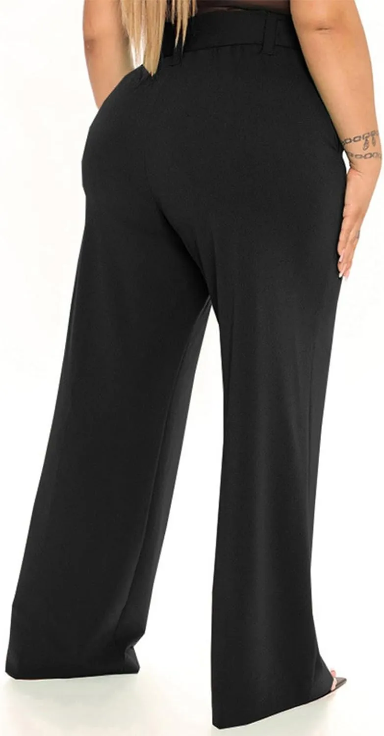 Womens Dress Suit Pants Casual Loose Bow Knot Belted Wide Leg High Waist Elegant Trousers Office Business Work Pants