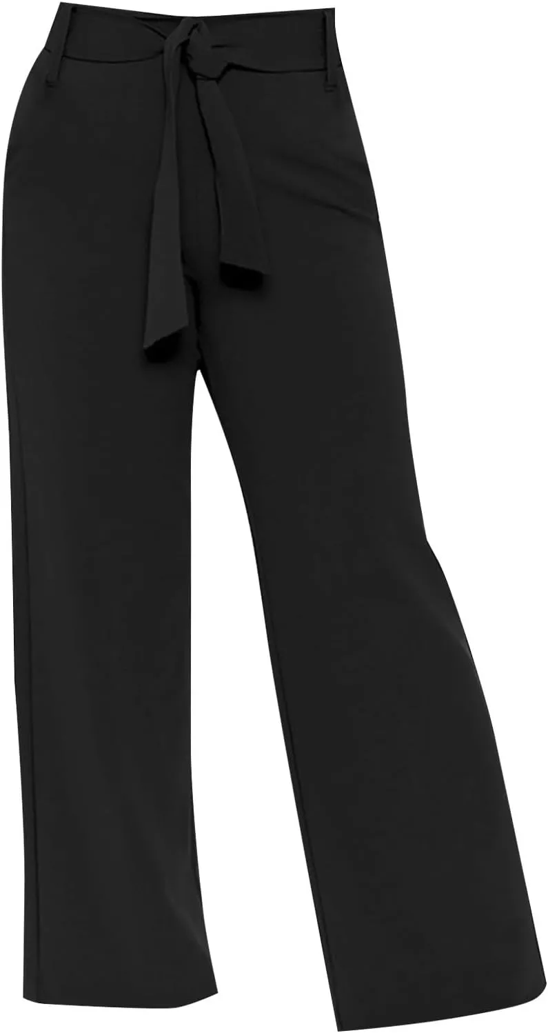 Womens Dress Suit Pants Casual Loose Bow Knot Belted Wide Leg High Waist Elegant Trousers Office Business Work Pants