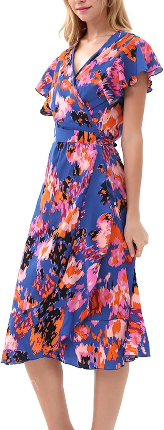 Women's Dress Summer Bohemian Floral V-Neck Ruffled Brimmed Hat Lower Short Sleeved Pleated Hem Sun Skirt Daily Casual Wear